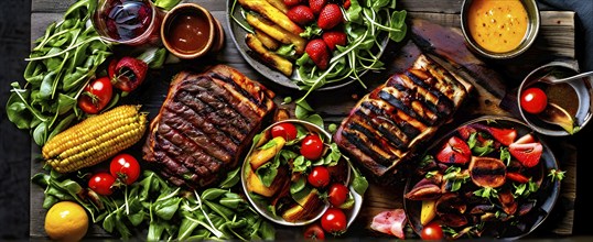 Summer BBQ or picnic food table scene with grilled meat and salads, AI generated