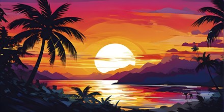 Abstract illustration of a sunset over a sandy beach with palms in vivid and vibrant colors, AI