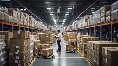 Distribution warehouse with cardboard boxes neatly stacked on pallets, AI generated