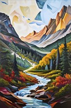 Abstract canvas illustration of a serene nature hike scenery with majestic mountains, AI generated