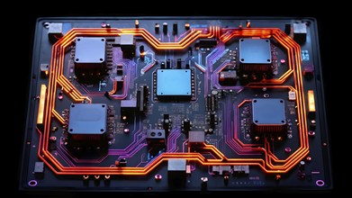 Birds eye view of a circuit board in vivid colored paths and connections, AI generated