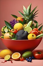 Vibrant illustration of a bowl brimming with a cascade of fresh fruits and vegetables, AI generated