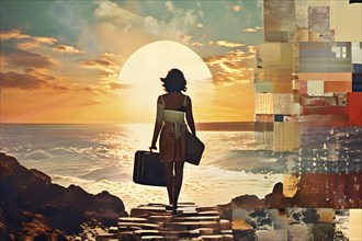 Vintage collage of a tourist with suitcase on a beach symbolizing vacation, AI generated