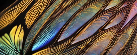 Vibrant butterfly wing with iridescent scales and network of veins, AI generated