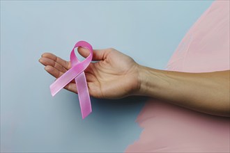 Woman's hand holding pink breast cancer awareness ribbon. Generative AI, AI generated