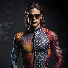 Male athlete in an innovative swimsuit emulating shark skins textures, AI generated