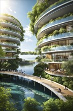 3d rendering of a sustainable engaged waterfront development with floating solar panels, AI