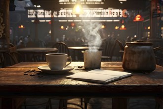 Notebook and coffee cup on a rustic wooden table in a tranquil scenery, AI generated