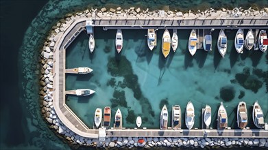 Aerial view of an idyllic harbor landscape with sailboats and yachts, AI generated