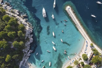 Aerial view of an idyllic harbor landscape with sailboats and yachts, AI generated