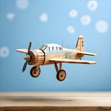 Vintage wooden plane toy with a playful design in front of blurred background, AI generated