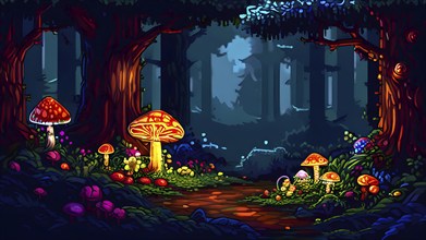 Enchanted magical forest in pixel art style with glowing mushrooms, AI generated