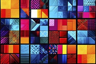 Abstract geometric patchwork illustration with vibrant intersecting geometric shapes filled with