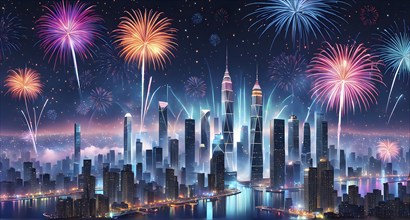 Wallpaper illustration of a cityscape on New Year's Eve, with glowing skyscrapers and floating