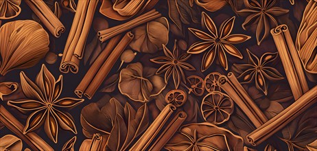 Abstract wallpaper illustration of Christmas spices like cinnamon sticks, star anise, and cloves,