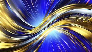 Abstract Illustration of energetic and dynamic swirl of gold, silver, and deep blue hues,