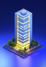 Three dimensional rendering of an illuminated modern high-rise office building, AI generated