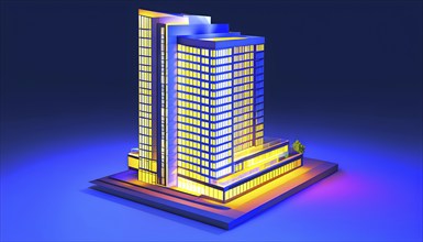 Three dimensional rendering of an illuminated modern high-rise office building, AI generated