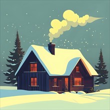 Snow-covered cottage in a serene winter scene in vector style, AI generated