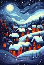 Cozy winter night scene with abstract forms representing a snow-covered village, AI generated