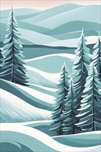 Abstract winter wonderland with minimalist stylized pine trees and snowdrifts using soft pastel