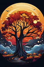 Vibrant depiction wallpaper illustration of trees in transition between autumn and winter, AI