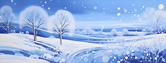 Abstract winter landscape illustration using cool blues and whites with swirling patterns and