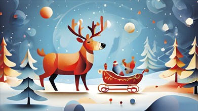 Whimsical abstract scene with stylized reindeer and sleighs to capture the magic of Christmas, AI