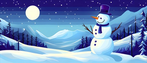 Abstract illustration of a snowman in an idyllic snowy winter landscape, hills and mountains and