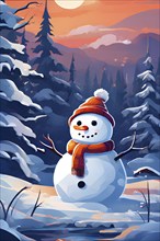 Abstract illustration of a snowman in an idyllic snowy winter landscape, hills and mountains and