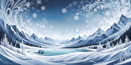 Abstract illustration of dreamy, icy landscape with swirling blues, whites, and silvers, evoking