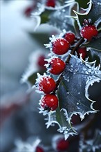 Frosty holly branch with vibrant red berries covered in delicate ice crystals, symbol for upcoming