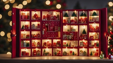 Traditional advent calendar door opening, showing a tiny festive scene inside with miniature