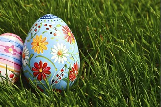 Painted Easter egg nestled in a bed of fresh green grass, showing intricate hand-painted floral