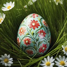 Painted Easter egg nestled in a bed of fresh green grass, showing intricate hand-painted floral