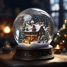 Snow globe with a tiny festive village inside, capturing the swirling snow and the light