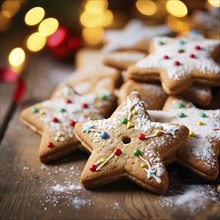 A detailed shot of Christmas cookies on a wooden table, featuring star-shaped cookies with colorful