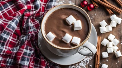 A close-up of a steaming cup of hot cocoa topped with marshmallows, surrounded by cinnamon sticks,