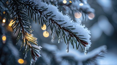 Detailed shot of frosted pine branches with twinkling fairy lights and icicles hanging, creating a