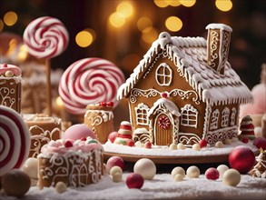 Gingerbread house decorations, focusing on the intricate icing details, colorful candy, and soft,