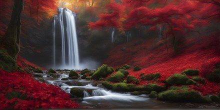 Waterfall in a forest in autumn with vibrant leaves, AI generated