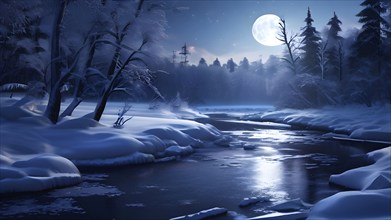 Serene winter night scene of a frozen river winding through a forest in moonlight, AI generated