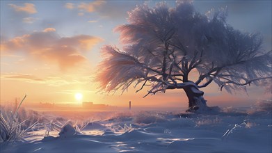 Serene winter landscape with a snow covered tree and a vibrant sunrise, AI generated