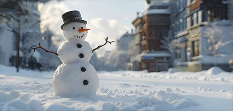 Snowman in an idylic winter urban scenery, snow-covered streets and buildings in background,