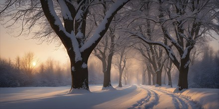 Snow covered tree avenue in warm golden evening light, AI generated