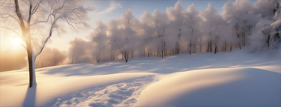 Footprints in fresh snow on a hill with a row of trees in winter in golden sunrise light, AI