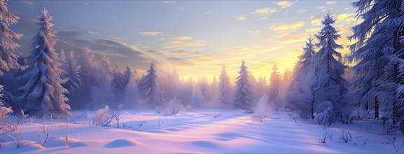 Peaceful snowy forest clearing at dawn with snow softly blanketing the ground and frost-covered