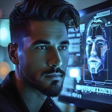 3d digital facial recognition displaying a male face with overlaid ai biometric data, AI generated