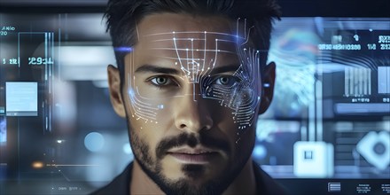 3d digital facial recognition displaying a male face with overlaid ai biometric data, AI generated