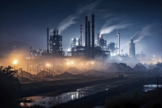 Panoramicl view of an industrial area at night, AI generated